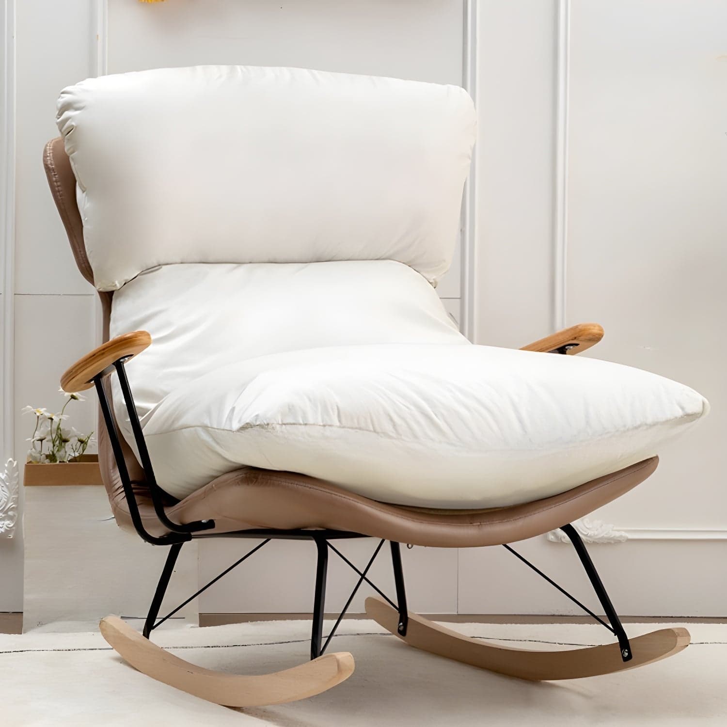 Scandinavian Indoor Upholstered Rocking Chair with Track Arms and Natural Wood Legs thumbnail 1