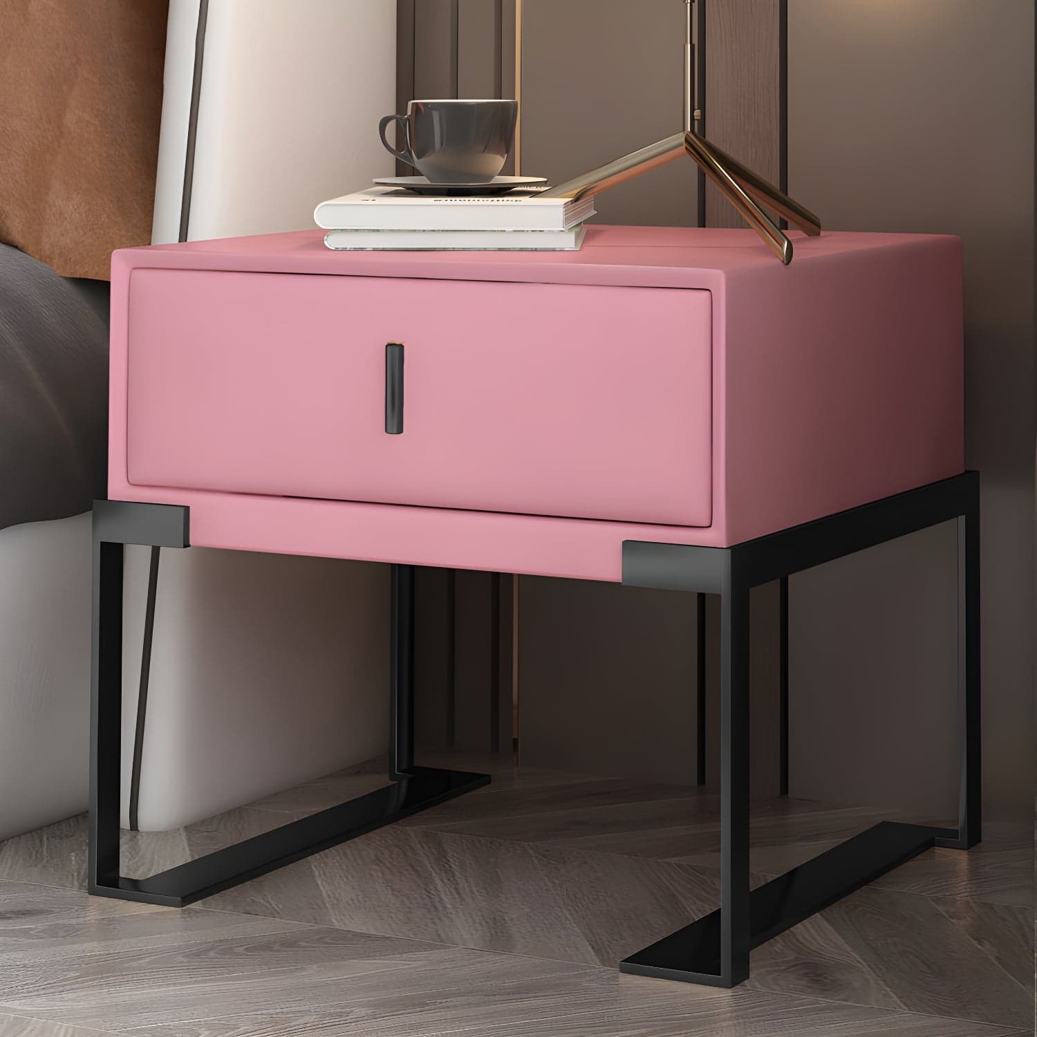 Faux Leather Nightstand 1-Drawer 21 Inch Tall Modern Legs Included Night Table thumbnail 17