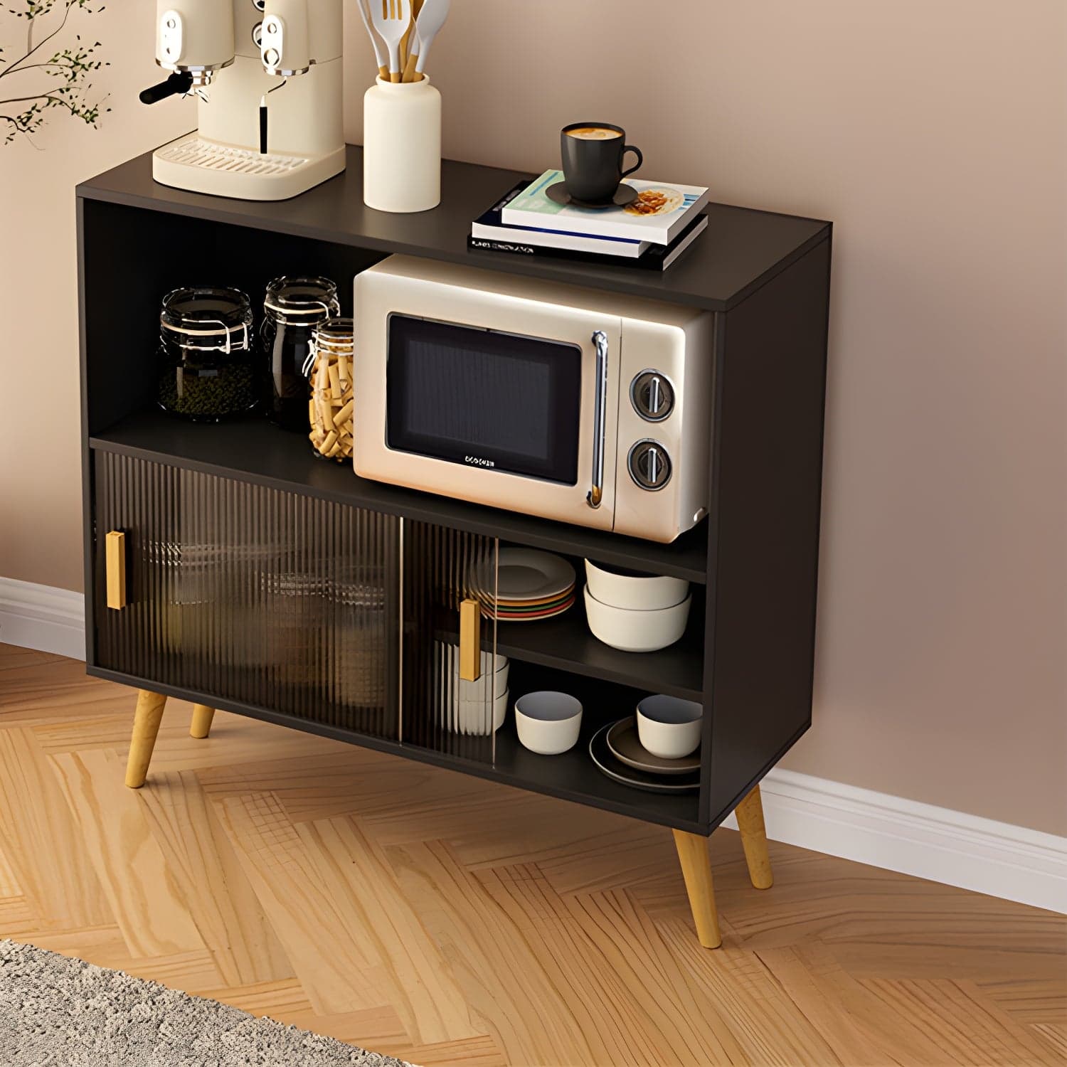 Scandinavian Wood Buffet Table with Acrylic Sliding Doors and Cabinet thumbnail 1