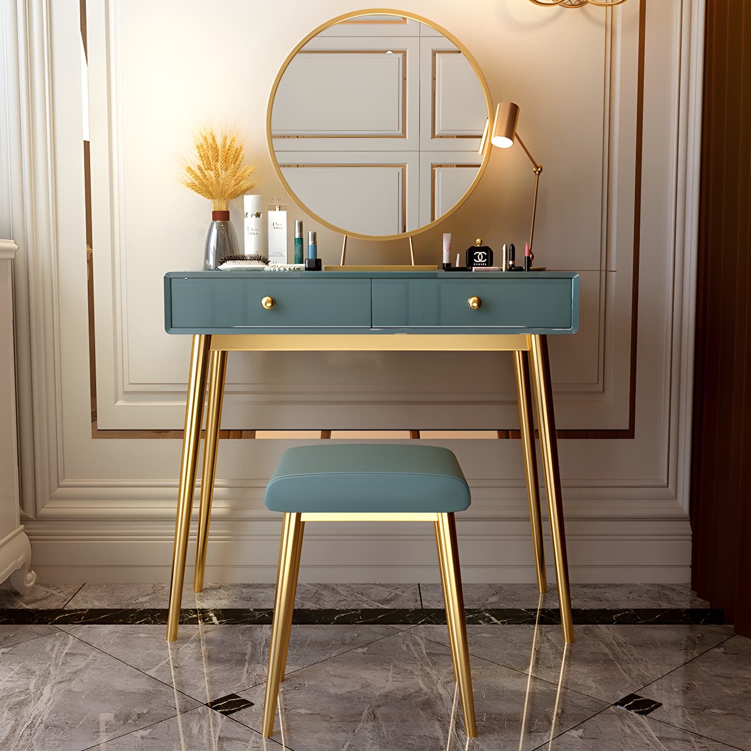 Glam 29.5" Height Wooden Makeup Vanity with Drawers and Mirror thumbnail 6
