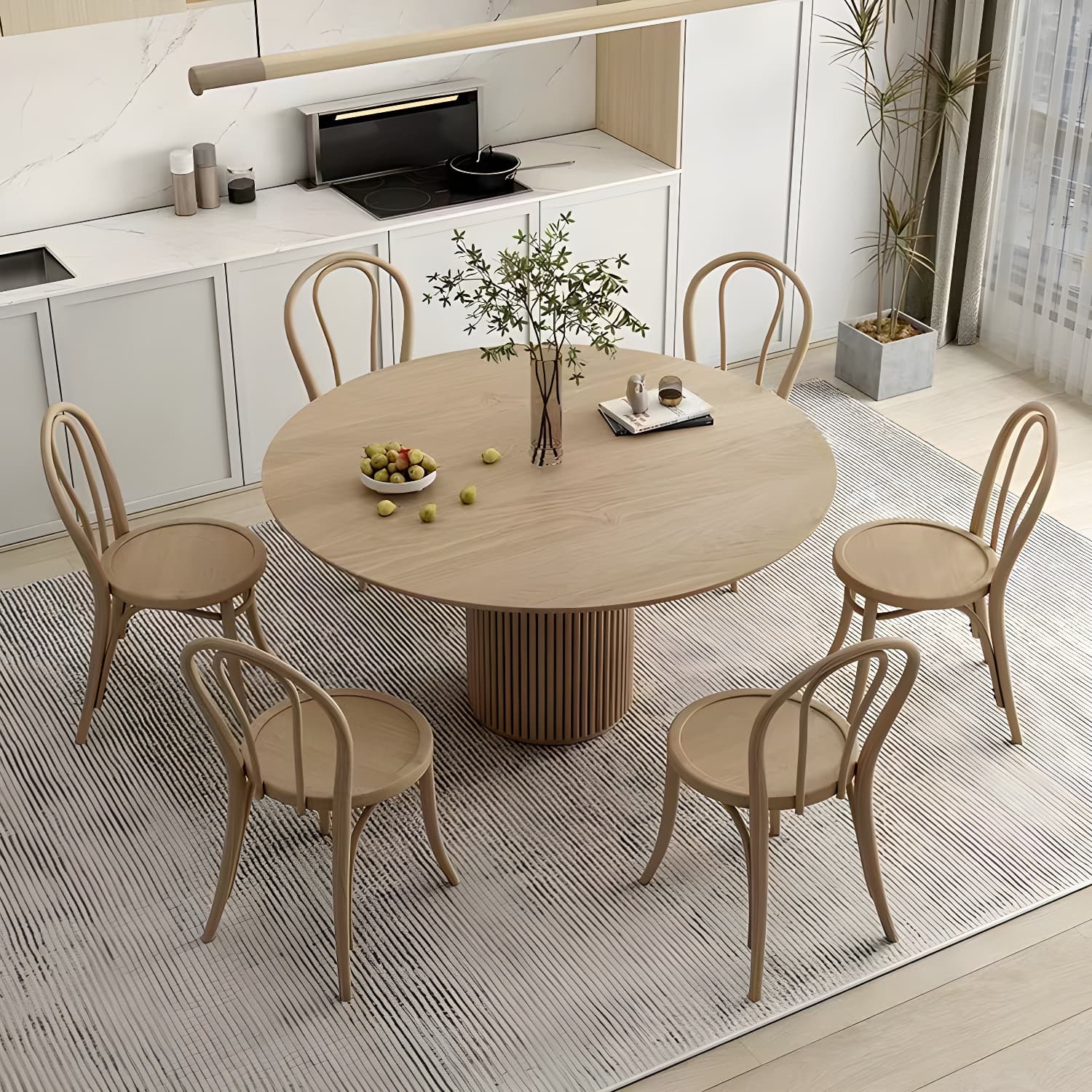 Modern Round Dining Table Pine Solid Wood Pedestal Dining Table in Natural thumbnail 1