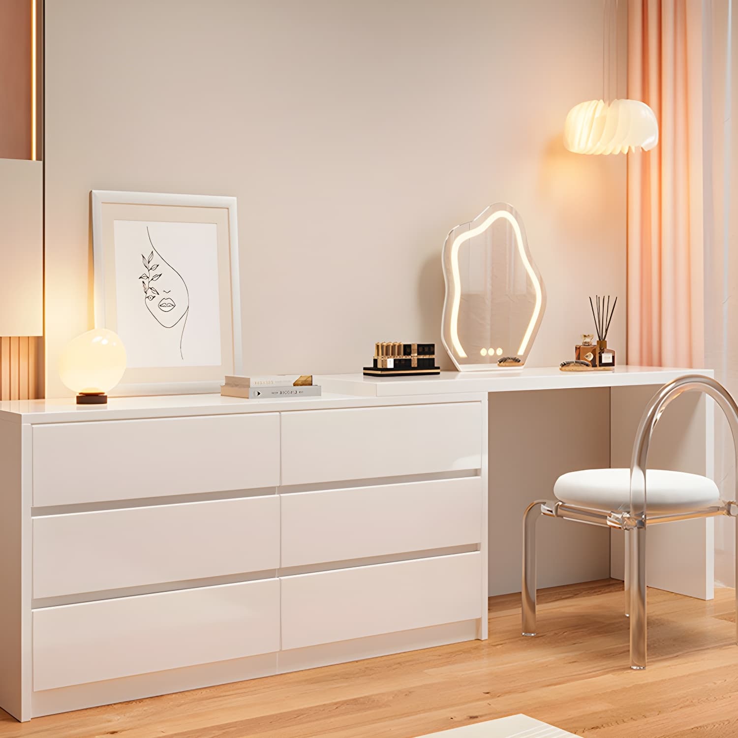 Contemporary White Wood Rectangle Top Make-up Vanity with Lighted Mirror thumbnail 5