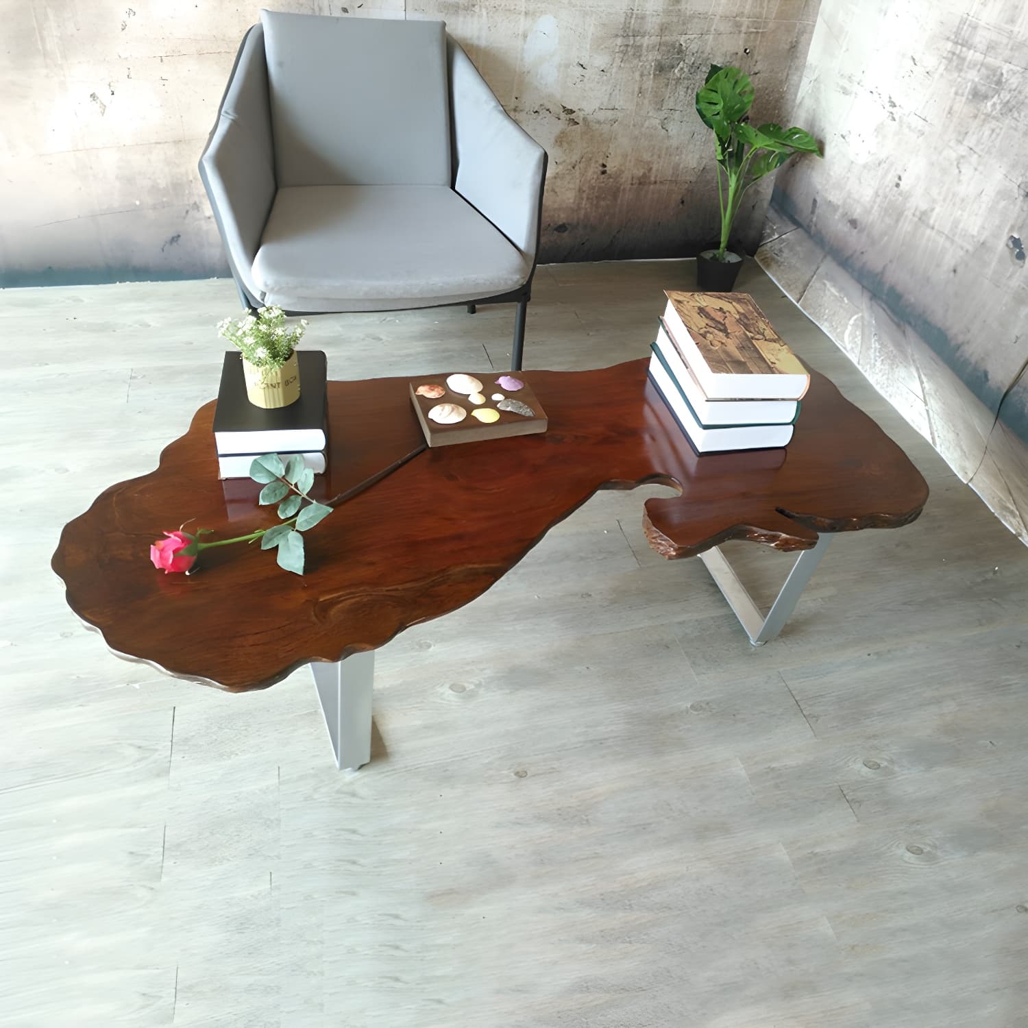 Modern Live Edge Coffee Table Geometric Red Wood Sled Cocktail Table thumbnail 7