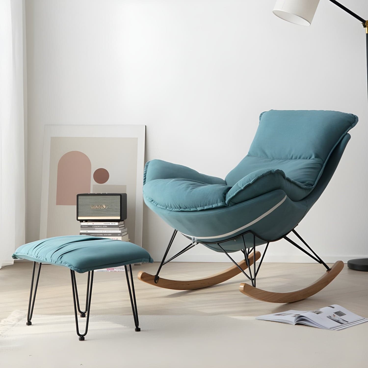 Modern Upholstered Rocking Chair with Ottoman Set - Natural Wood Legs thumbnail 2