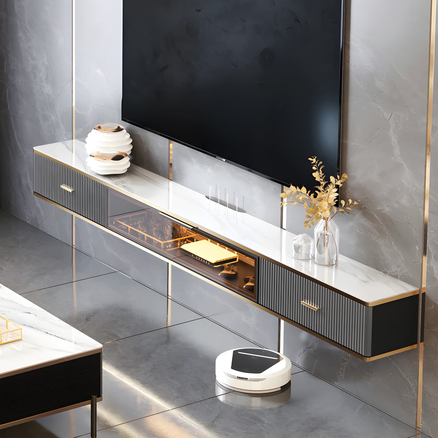 Glam Floating TV Media Stand with Drawers Stone and Wood TV Stand thumbnail 5