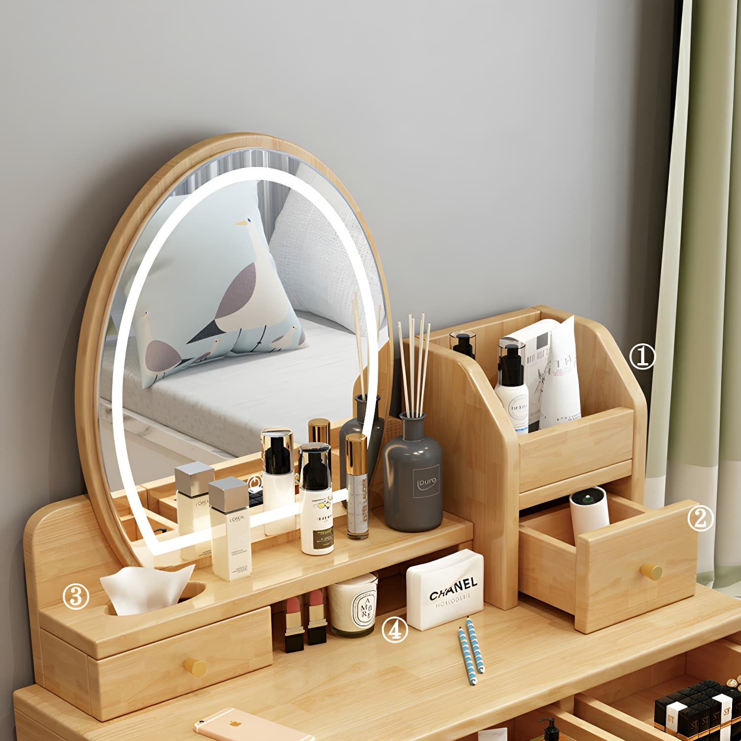 Modern Wood Makeup Vanity with Drawers, Mirror & Upholstered Chair thumbnail 14