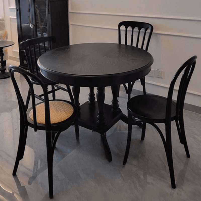 Minimalist Dark Wood Dining Table Set with Wood Slab, 4 Legs, Padded Chair, and Back thumbnail 3