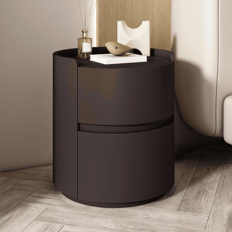 Scandinavian Round Nightstand with 2 Drawers and Synthetic Leather Countertop thumbnail 3