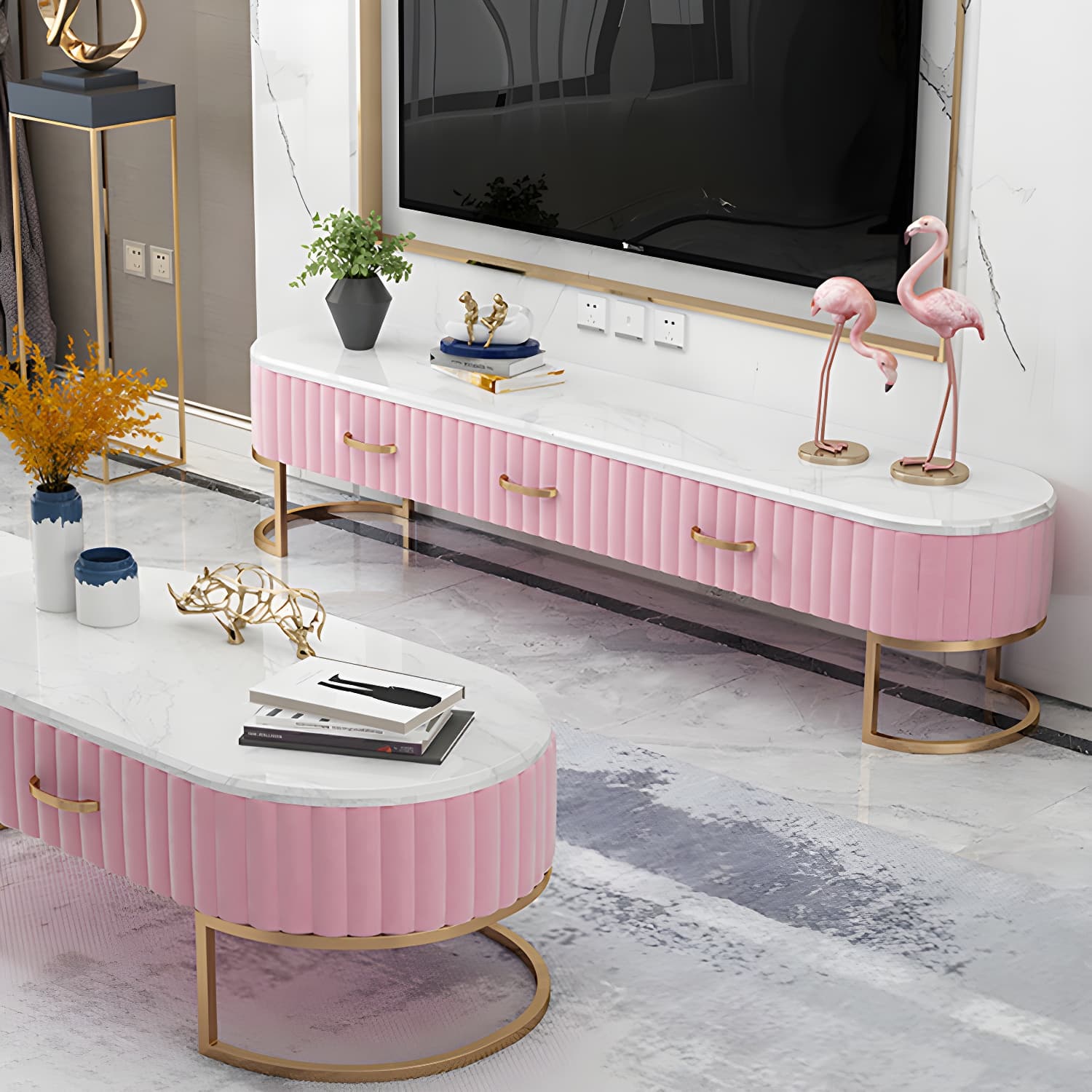 Scandinavian TV Stand Imitation Marble Enclosed Storage TV Console with Drawers thumbnail 14