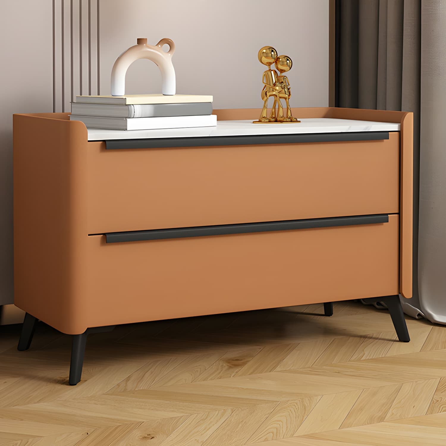 Modern Faux Leather Top Nightstand with Two Drawers and Stone Countertop thumbnail 8