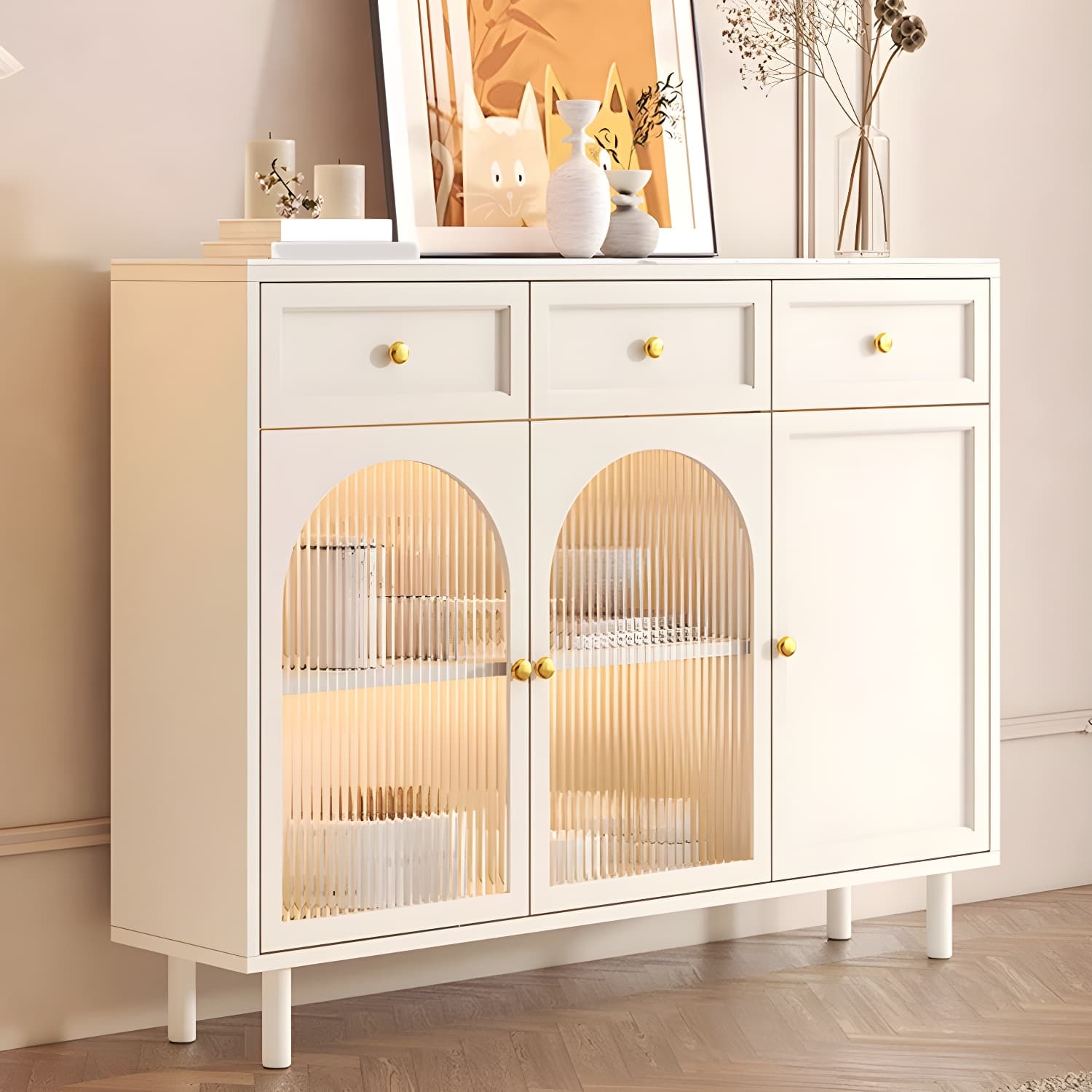 Wooden Buffet Server with Stone Countertop, Glass Doors, and Drawers thumbnail 13