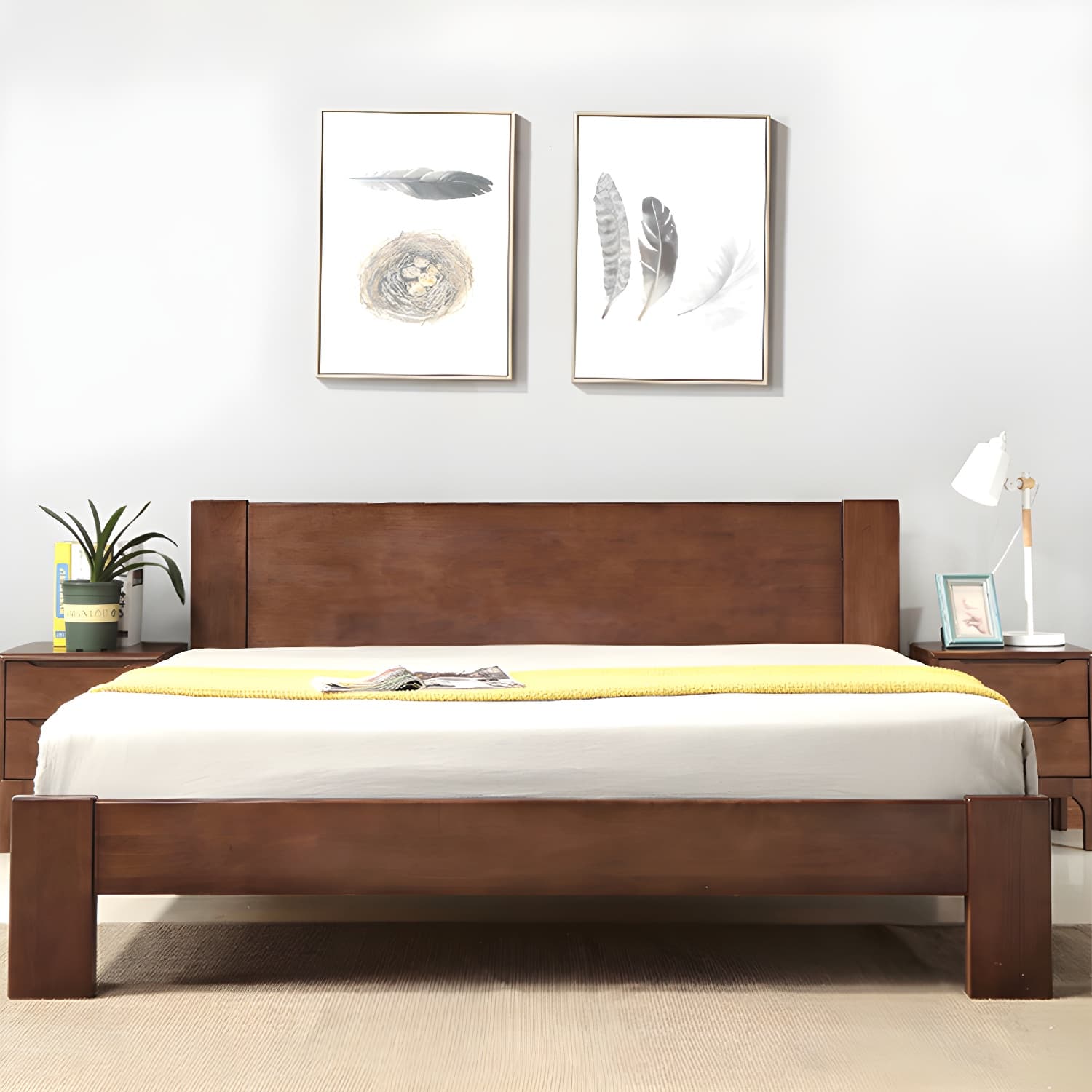 Modern Solid Color Panel Bed Rubberwood Standard Bed with Headboard thumbnail 4