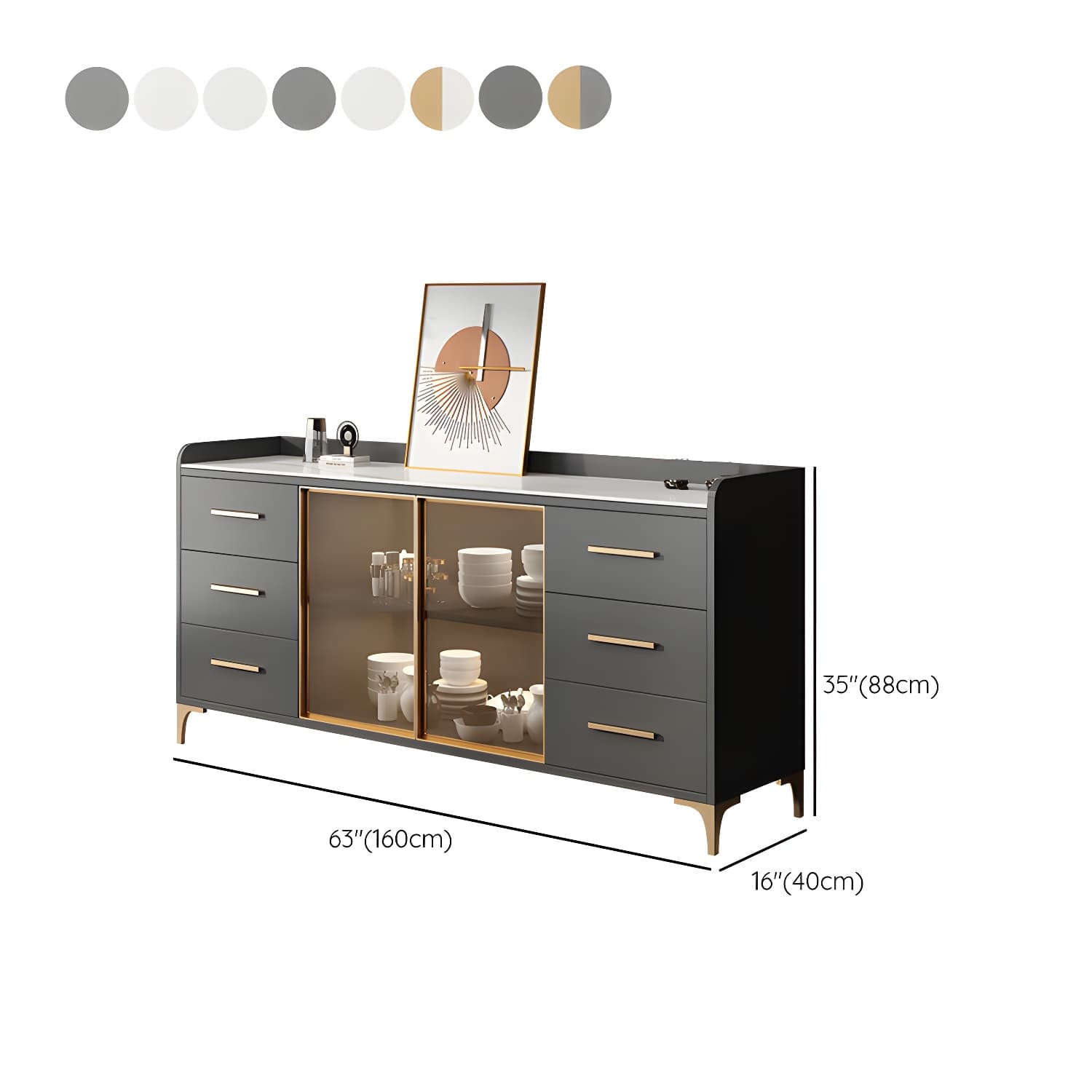 Glam Style Sideboard Wood Glass Doors Side Board with Cabinets and Drawers without Light thumbnail 20