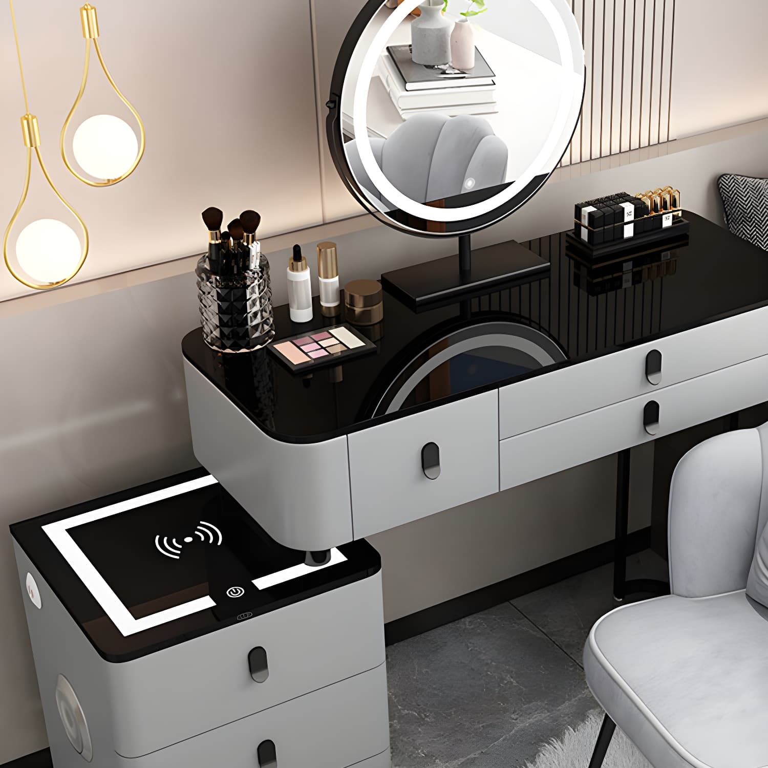 Glass Top Makeup Vanity Desk Lighted Mirror Makeup Vanity Set thumbnail 13