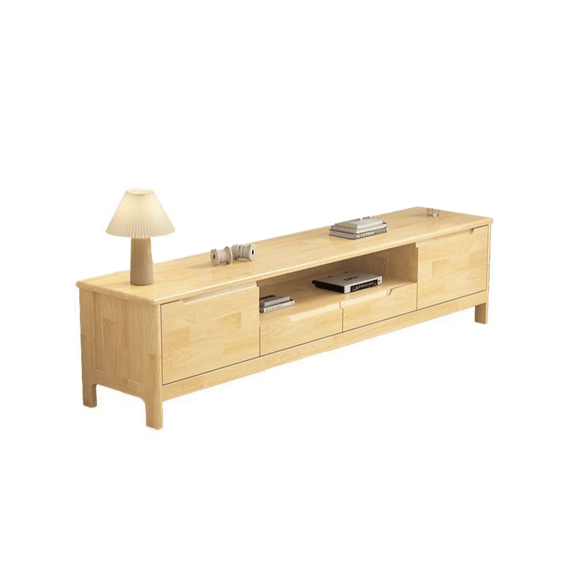 Modish Pine Wood TV Stand with Shelf, 2 Drawers, 2 Cabinets, and Unenclosed Storage thumbnail 1