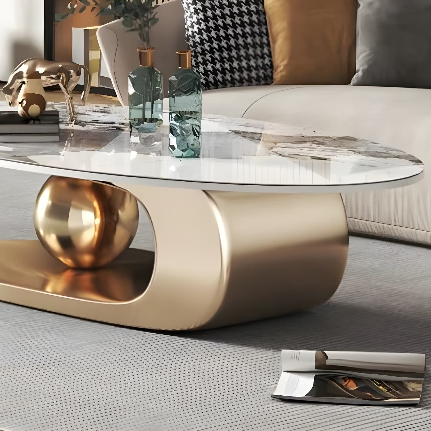 Glam Stone Coffee Table - Beige Oval Shape with Abstract Stainless Steel Base and Scratch Resistant thumbnail 12