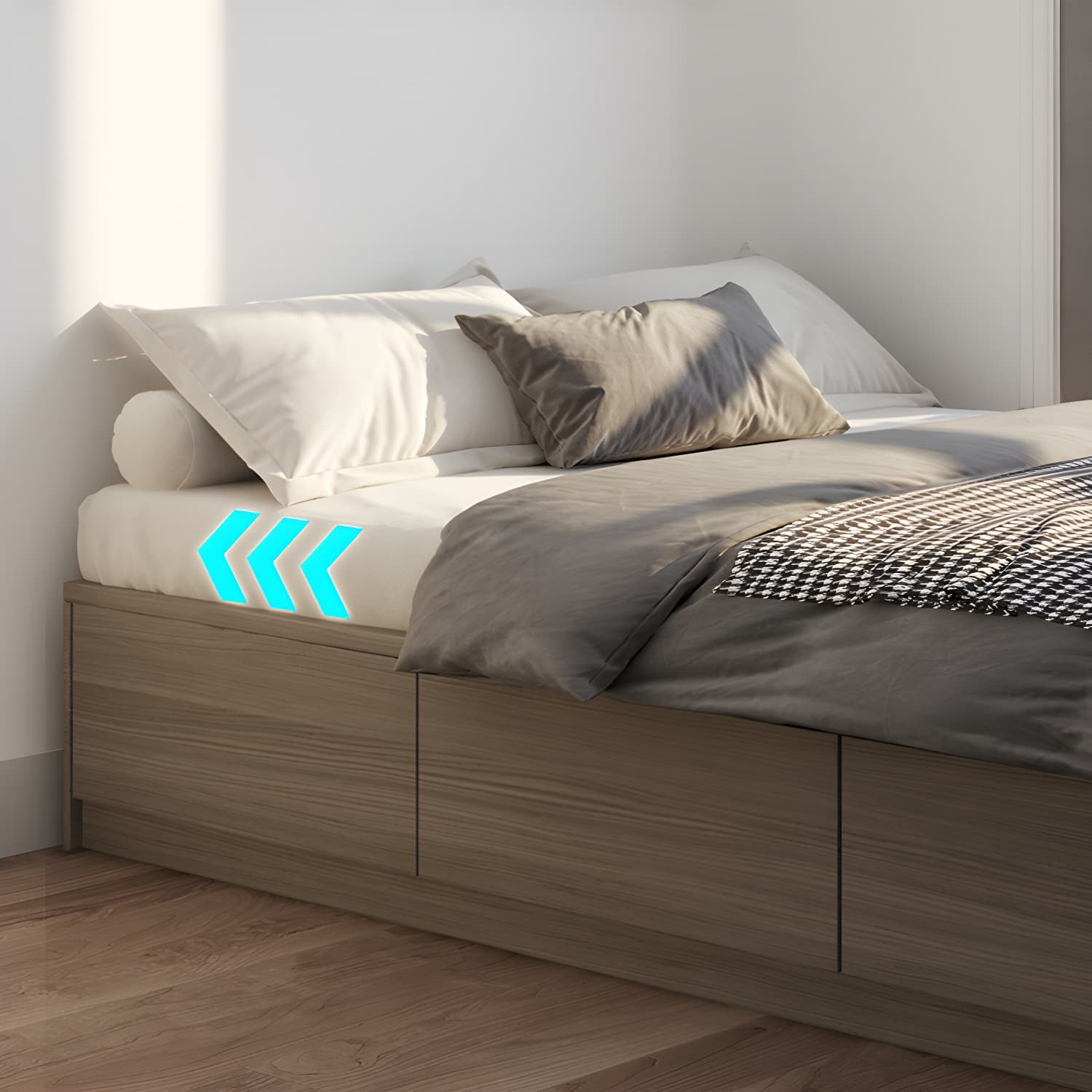 Light Brown Platform Bed Scandinavian 13.77" Tall Bed Frame with Storage Drawers thumbnail 6