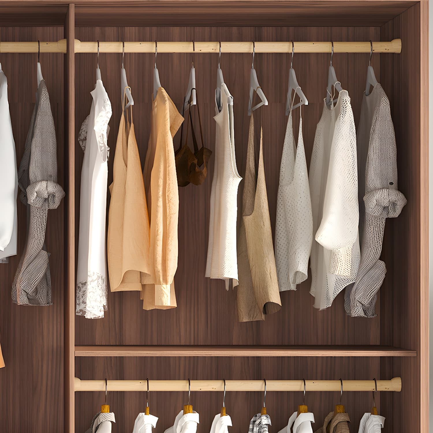 Glass and Wood Wardrobe Cabinet Brown Wardrobe Armoire with Garment Rod thumbnail 7