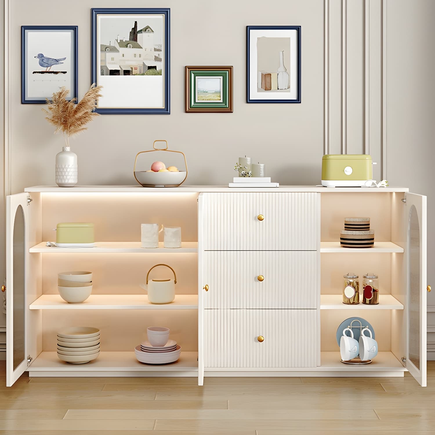Glam White Wood Sideboard Credenza with Glass Doors and Adjustable Shelves thumbnail 3