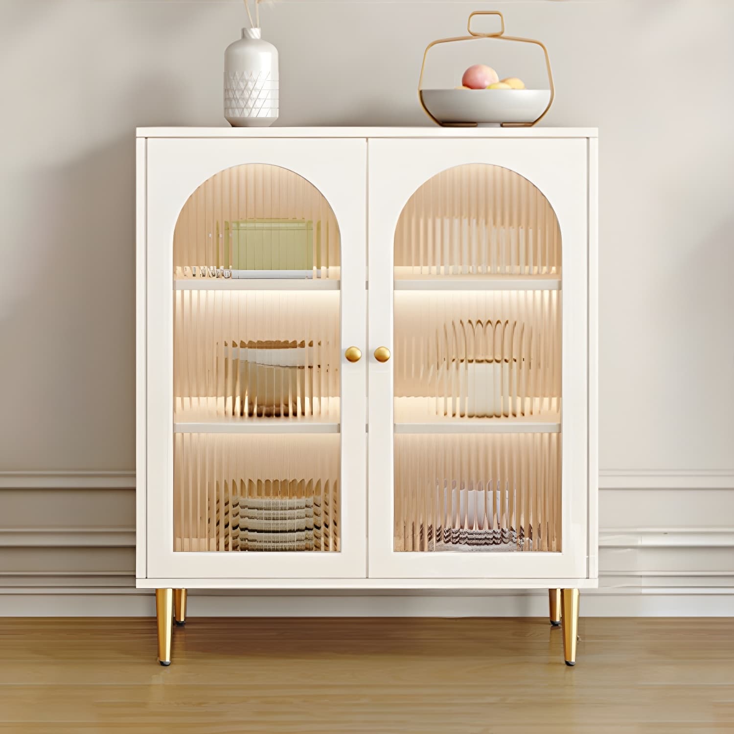 Glam White Wood Sideboard Credenza with Glass Doors and Adjustable Shelves thumbnail 12