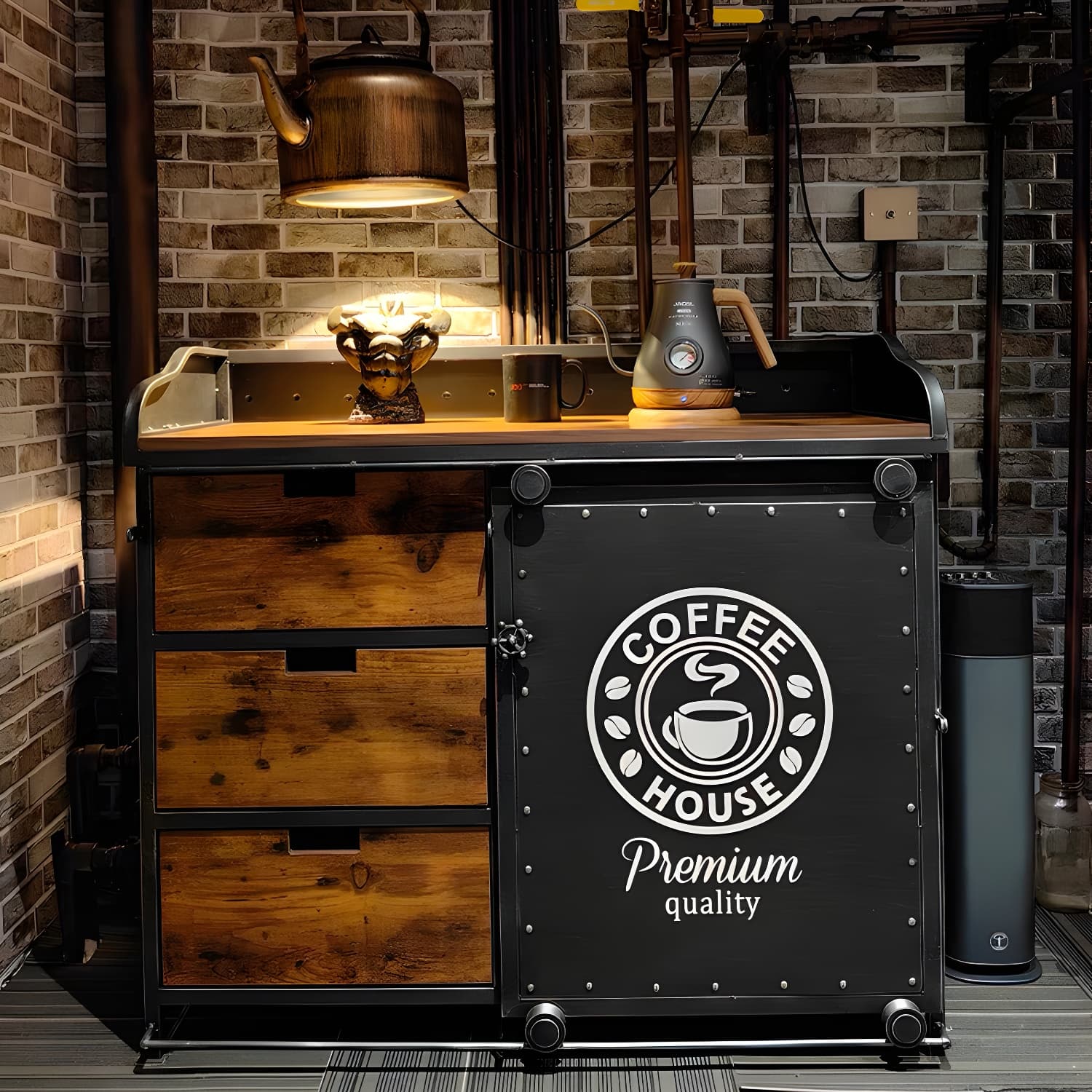 Industrial Metal Sideboard Cabinet with Wood Countertop, 3 Drawers, and Sliding Doors - image 11