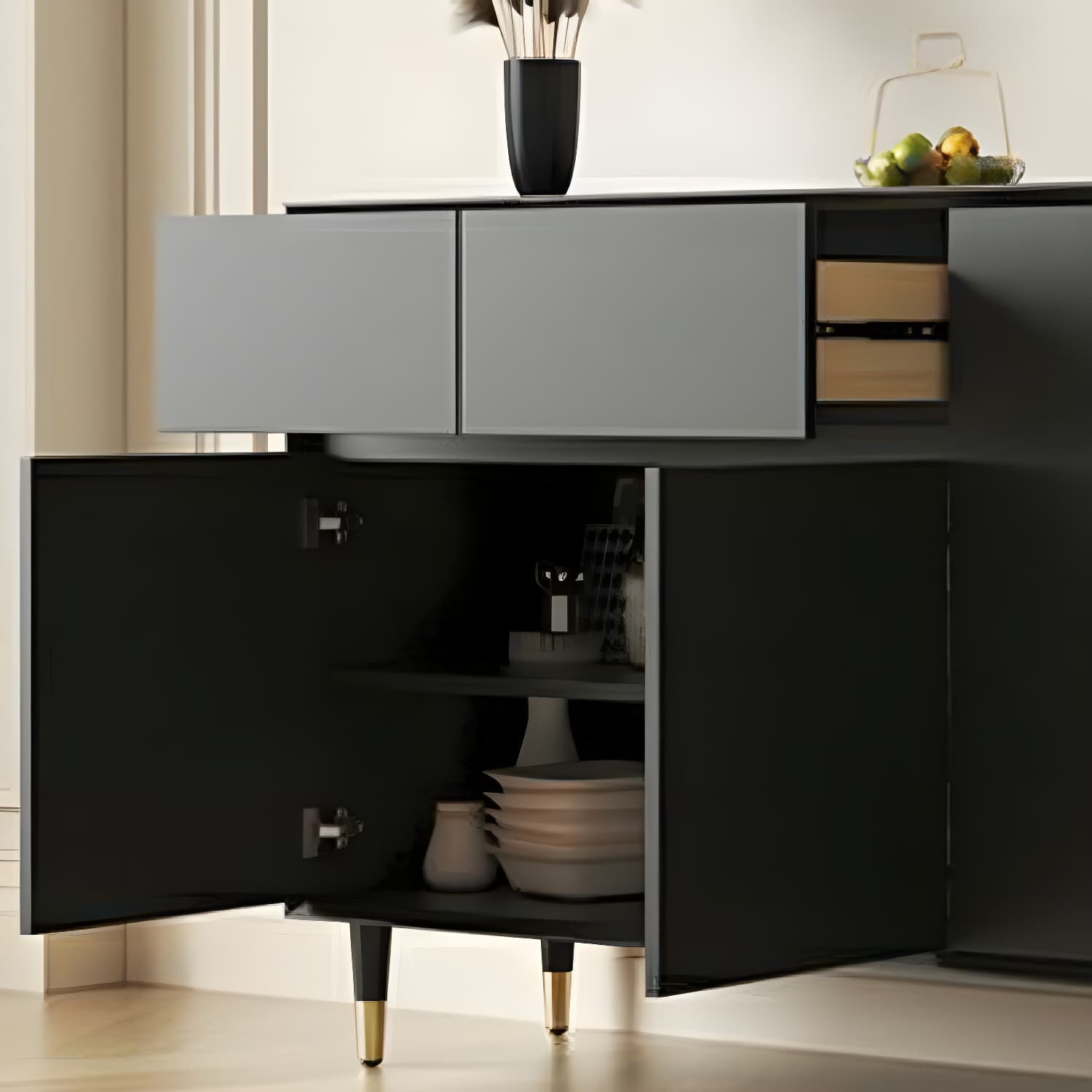 Wood Glam Sideboard Credenza with Glass Doors and Drawers, 40cm Overall Width, 85cm Overall Height thumbnail 11