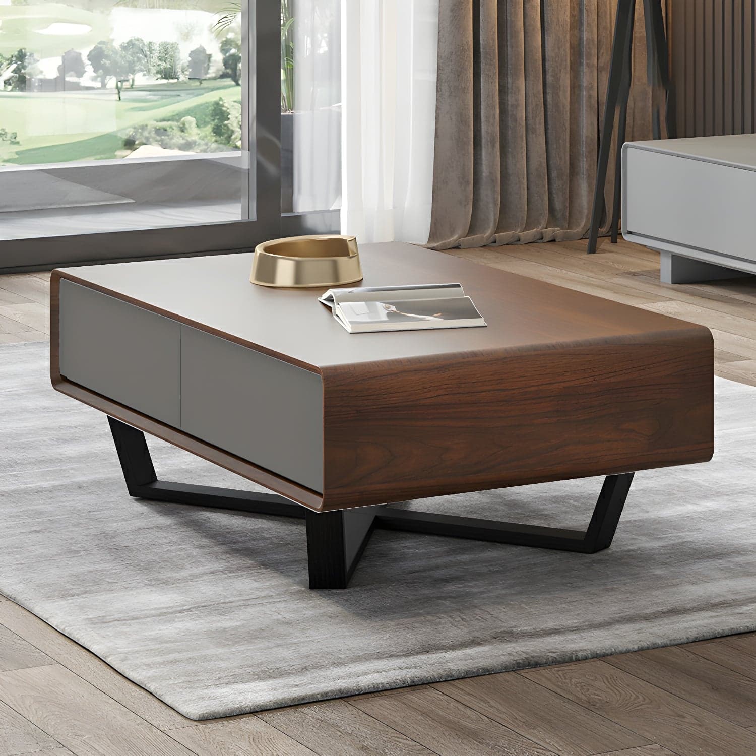 Rectangular Wood Modern Coffee Table with Black Metal Cross Legs and Storage Drawers thumbnail 6