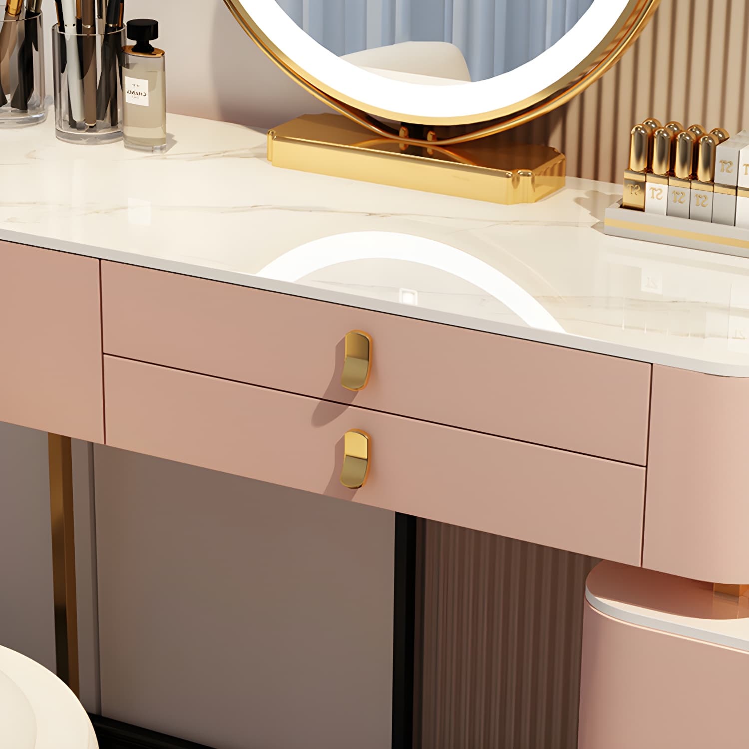 Contemporary Make-up Vanity with Stone Top and Storage Drawers thumbnail 9