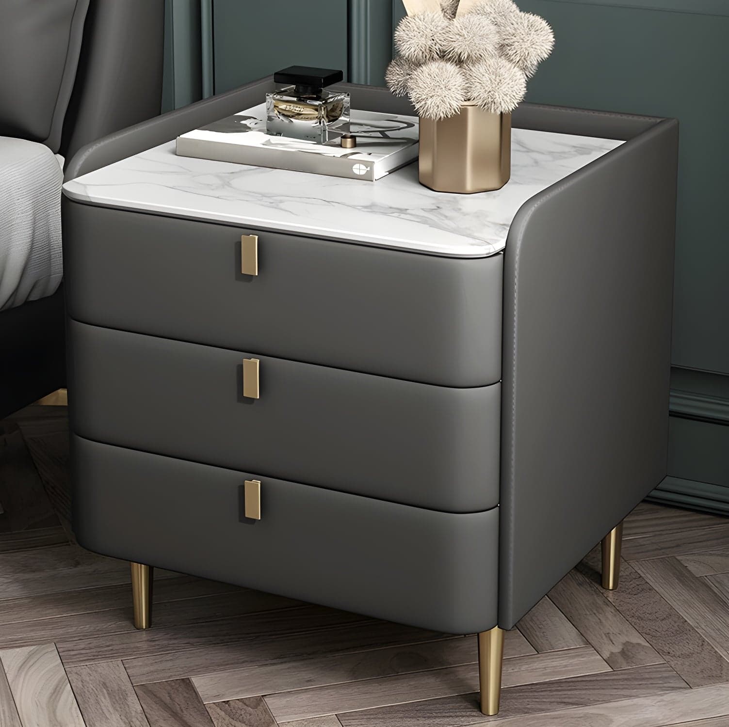 Stone Top Nightstand 3-drawer Leather Night Table with 4 Legs thumbnail 5