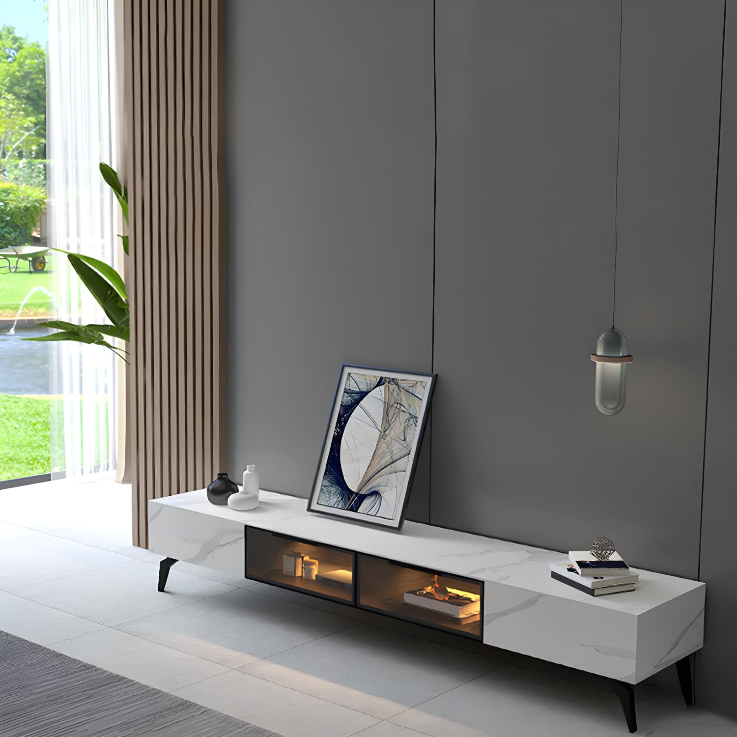 Modern Slate TV Stand White Closed Storage TV Console with Sensor Light thumbnail 4