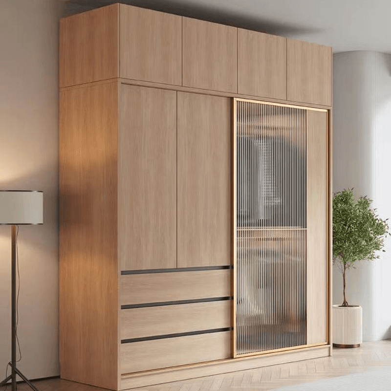 Natural Finish Art Deco Timber Wardrobe Armoire with Soft Close Drawer, Soft Close Door, Interior Shelves, and Clothing Rod thumbnail 3