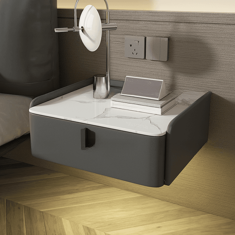 Organic Modern Bedside Cabinet Nightstand with 1 Drawer, Stone Countertop, and Hanging Shelf thumbnail 5