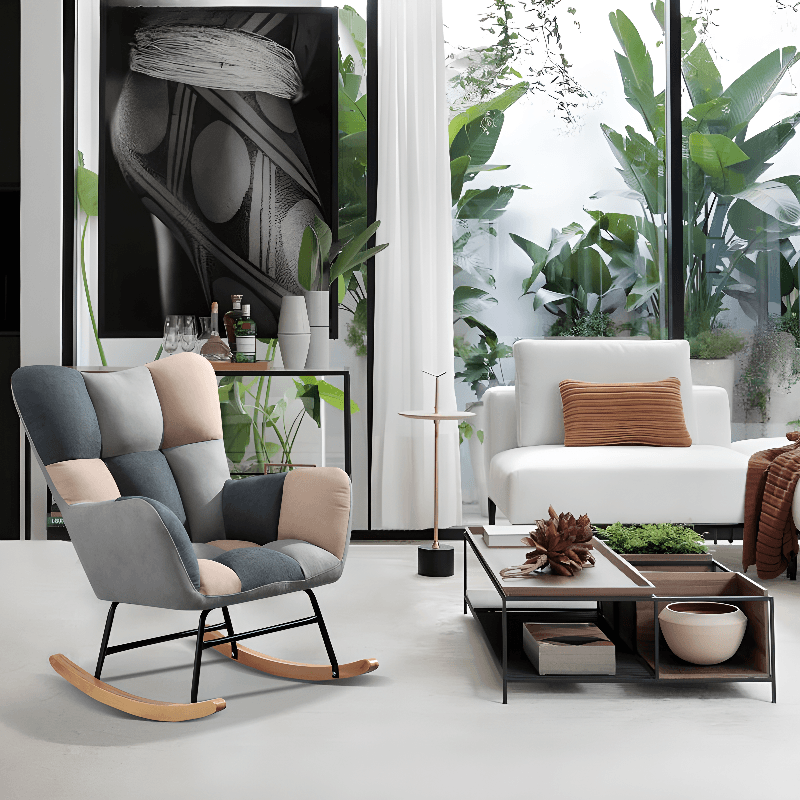 Modish Upholstered Cushioned Rocking Accent Chair 2 Piece Set with Footstool & Recessed Arm, Scratch-tolerant thumbnail 13