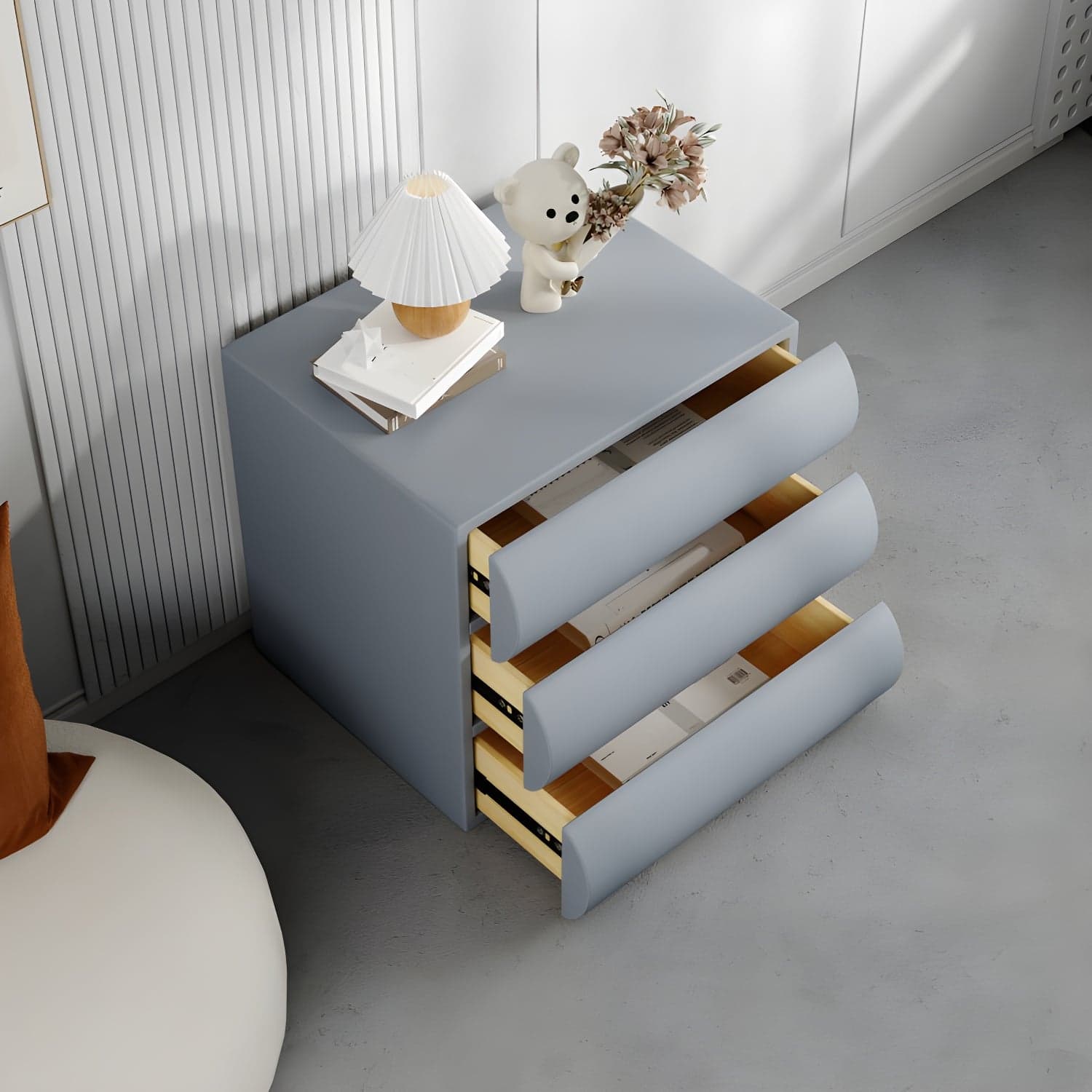 Modern Wood Nightstand with Drawer Storage in Faux Leather - Small Size thumbnail 2