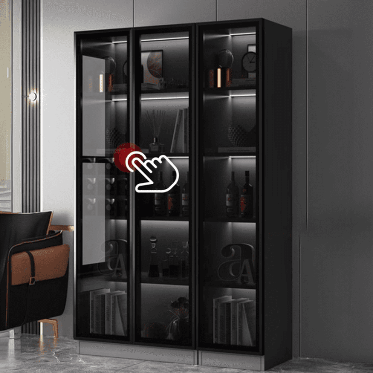 Contemporary Rectangle Utility Storage Cabinet with Storage Cabinet, Composite Wood Countertop, Glass-panel Door in Midnight Black thumbnail 2