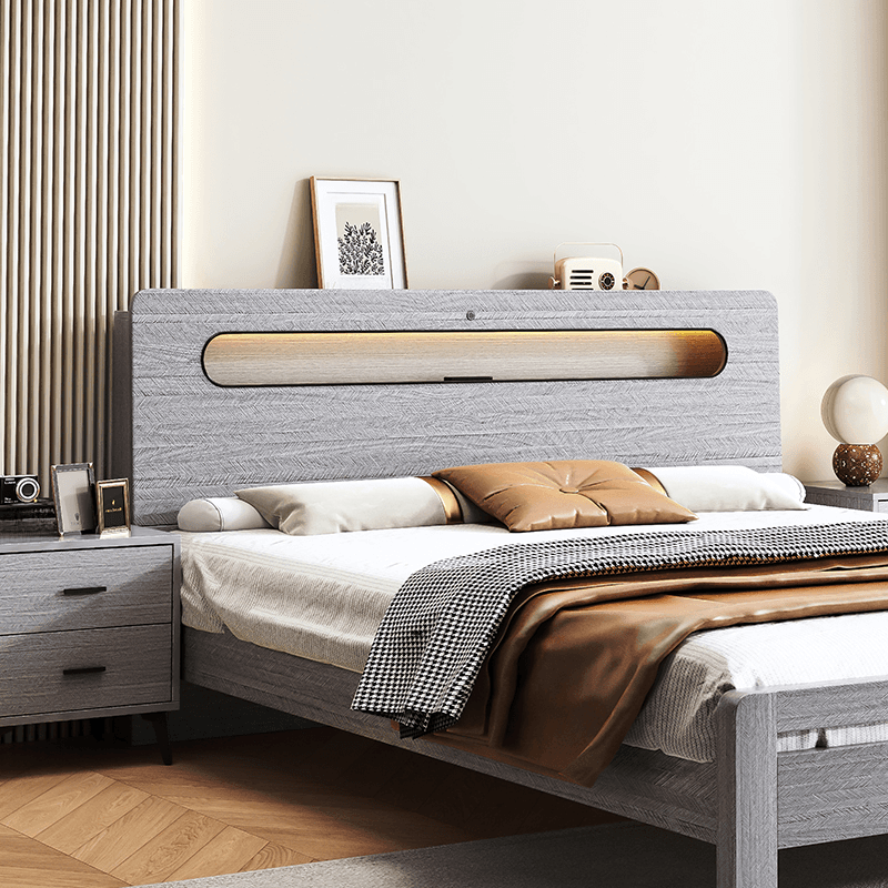 Simplistic Panel Headboard with No Distressing, Shelves, and Illumination Light for Queen/Full/Twin XL Bed in Rectangular Shape, Standard Height thumbnail 3