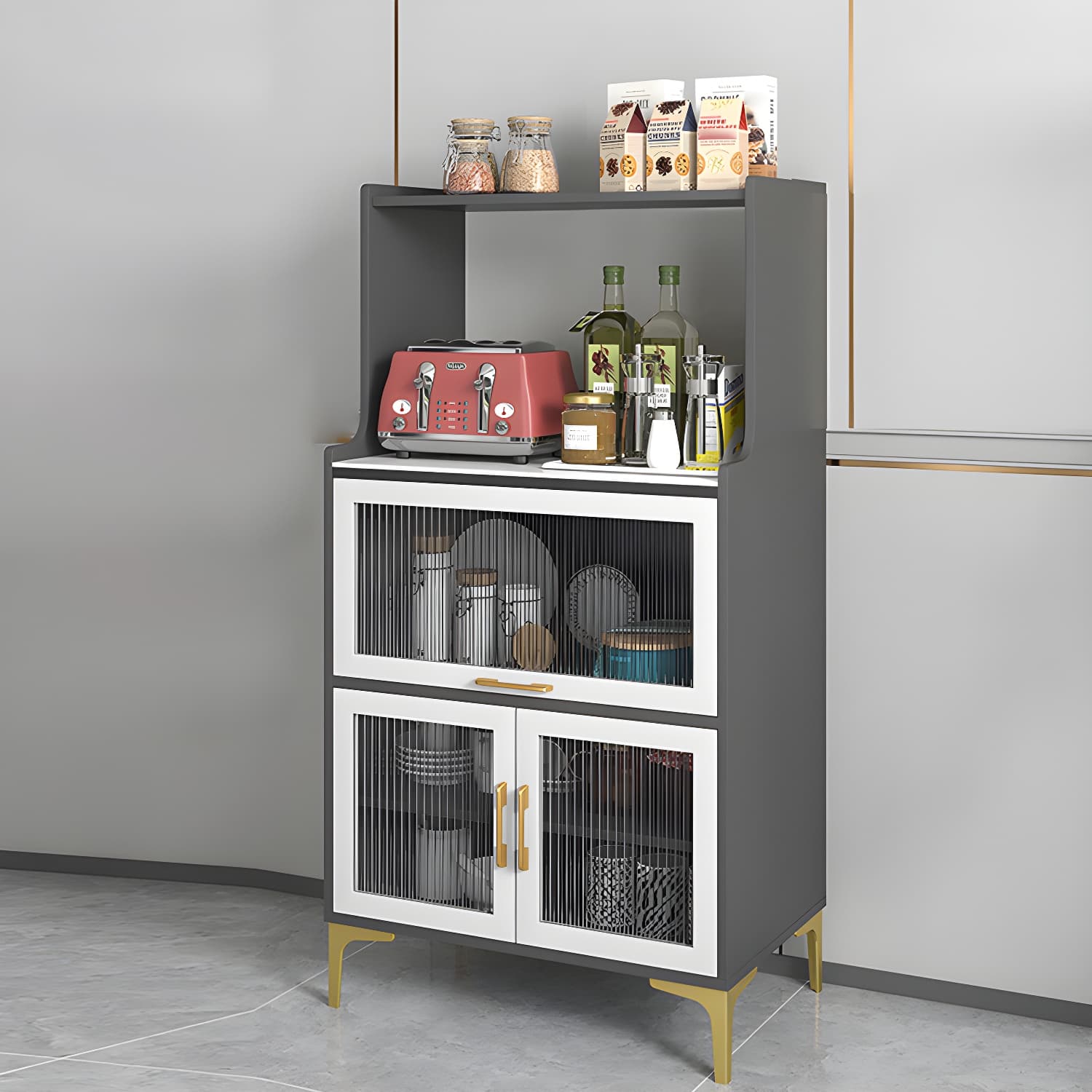 Sintered Stone Countertop Dining Server Manufactured Wood Kitchen Server with Glass Doors thumbnail 3