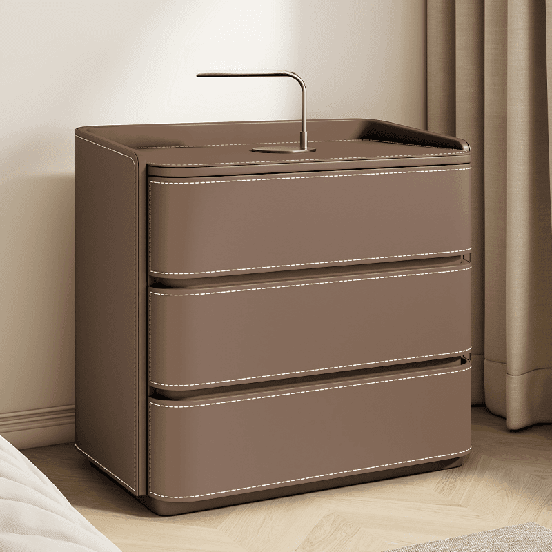 Contemporary 3 Tiers Genuine Leather Drawer Storage Bedside Table thumbnail 2