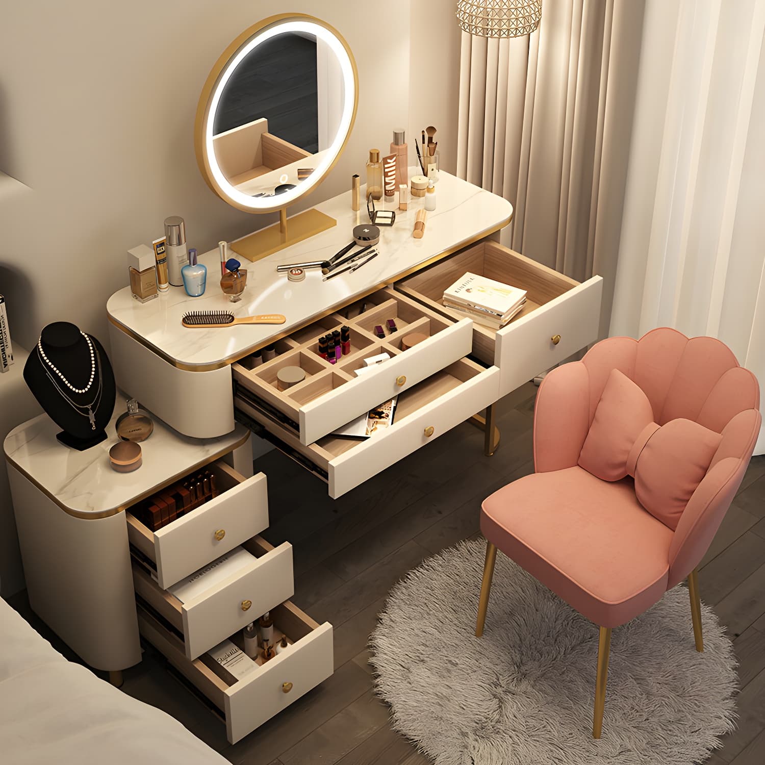 Scandinavian Wooden Vanity Desk in White Modern with Drawers Dressing Table thumbnail 4