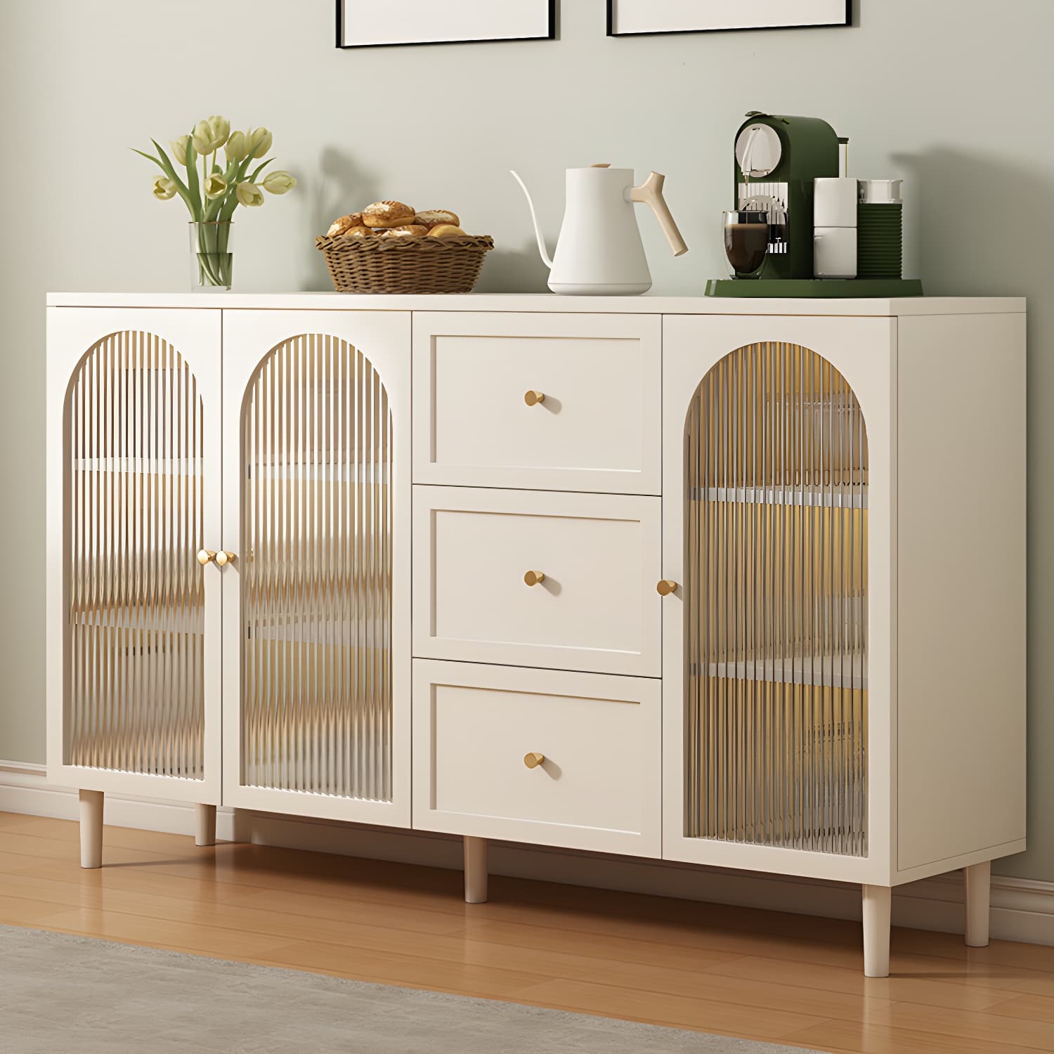White Modern Sideboard Credenza with Cabinets and Shelves for Storage and Display thumbnail 1