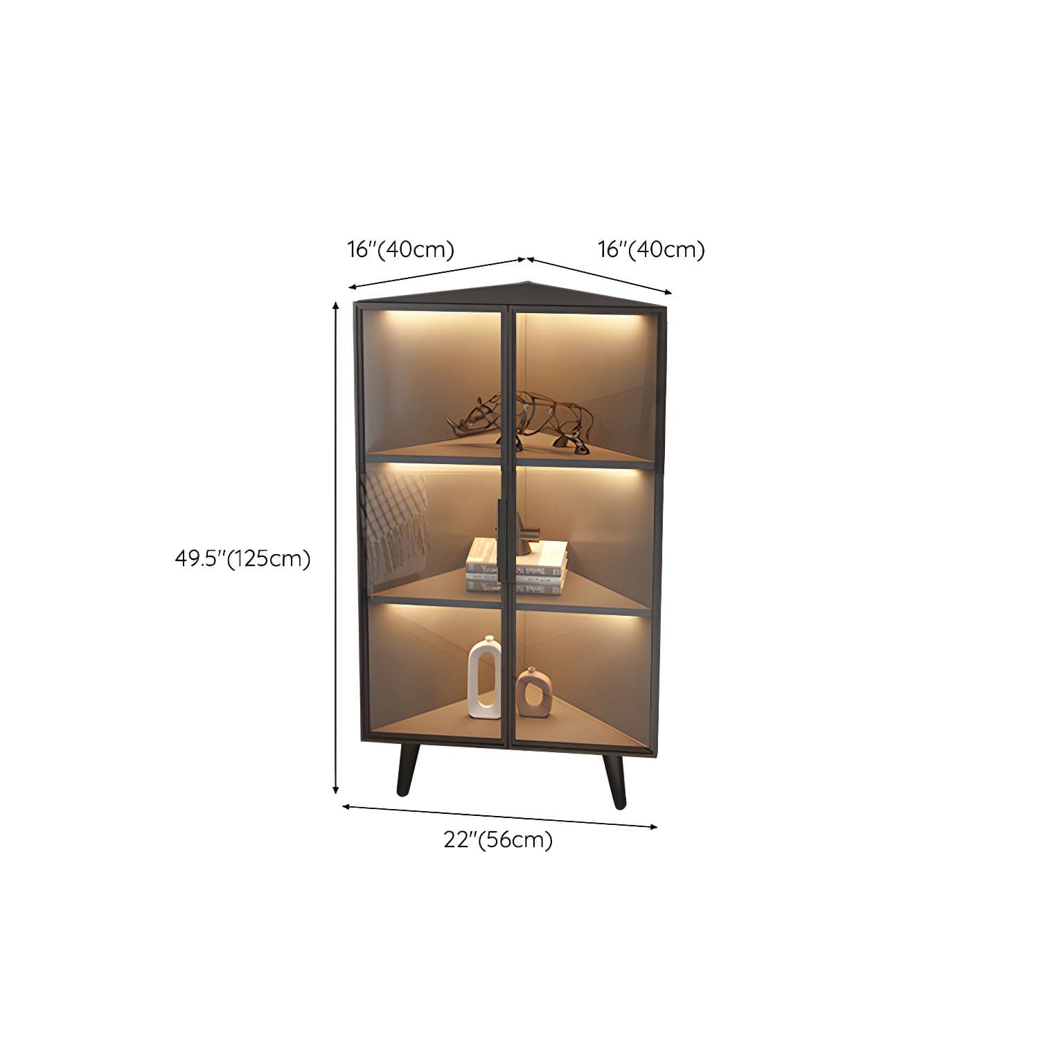 Corner Modern Accent Cabinet with Black Metal Base and Glass Doors, Black Wood Counter Top thumbnail 17