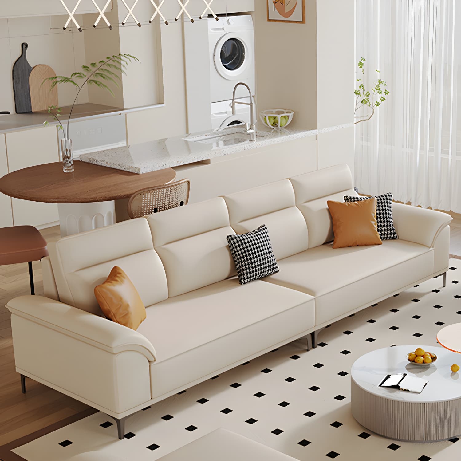 Modern Beige Faux Leather Sofa with Ottoman Included - Pillow Top Arm and Cushion Back thumbnail 8