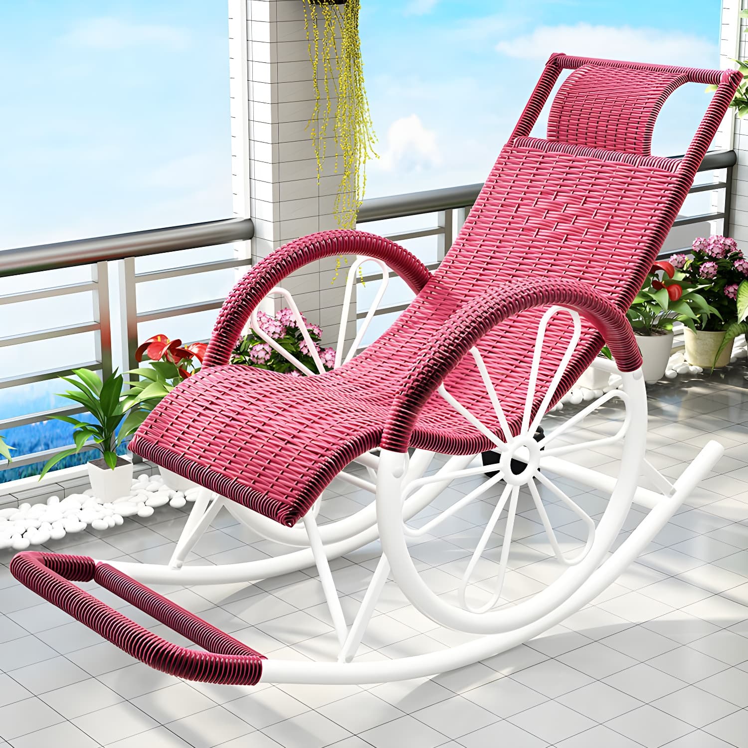 Modern Spindle Rattan Rocking Chair Metal Frame Wheel Handrail Design Rocker Chair thumbnail 8