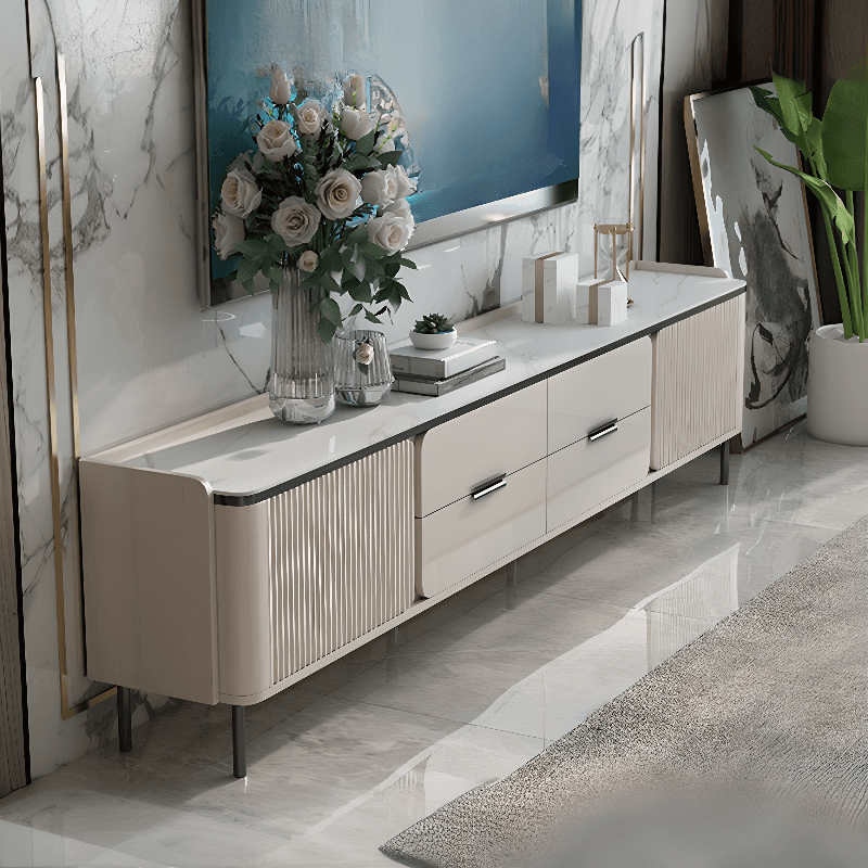 Chalk Art Deco Sintered Stone TV Stand for Sitting Room with 4/3 Drawers, 2 Cabinets, and Gate Doors thumbnail 5