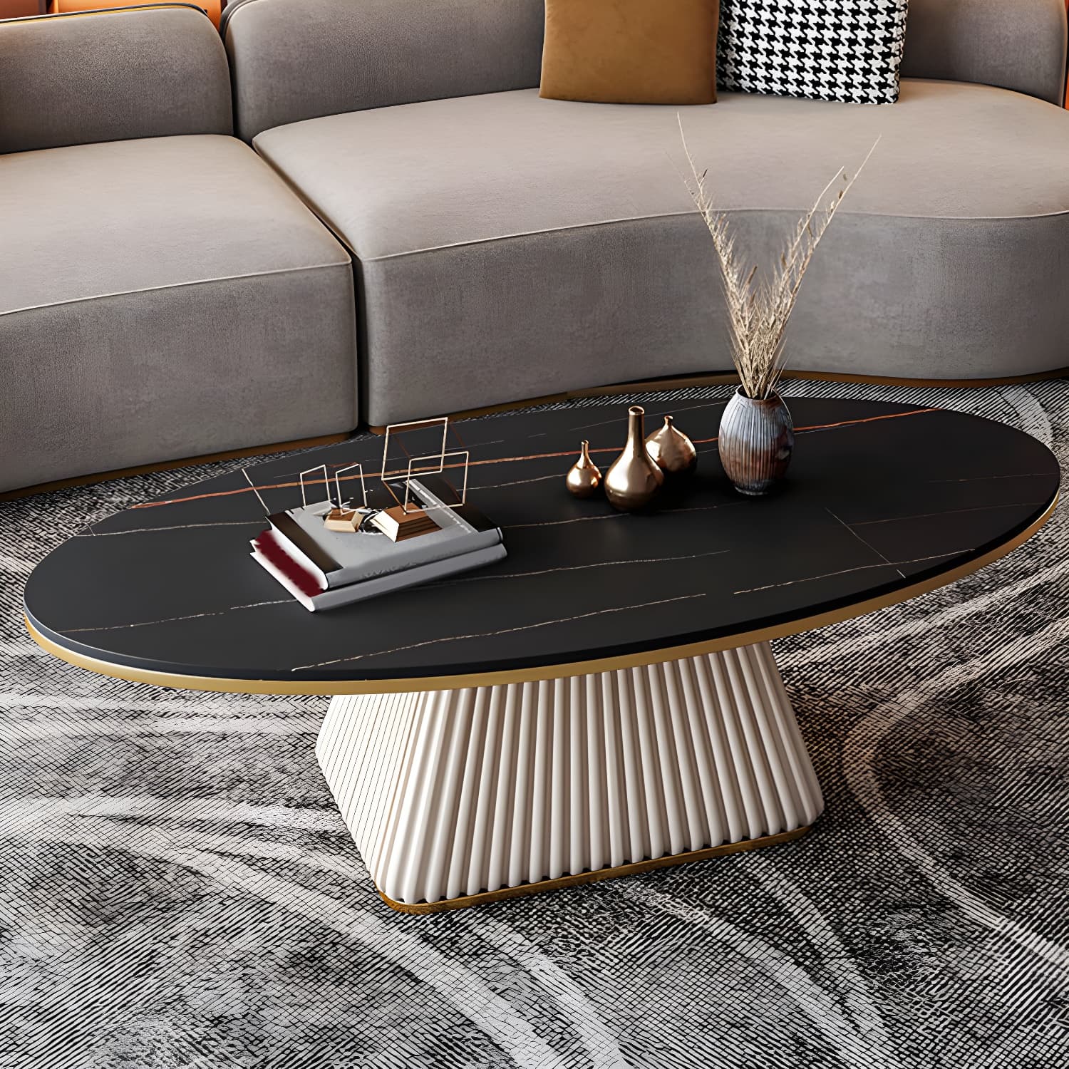 Glam Metal and Slate Cocktail Table Pedestal Coffee Table for Living Room thumbnail 7