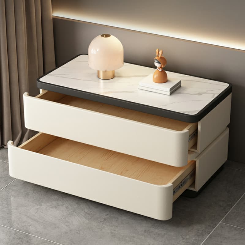 Modern Faux Leather Nightstand with 2 Drawers and Stone Countertop for Bedroom thumbnail 19