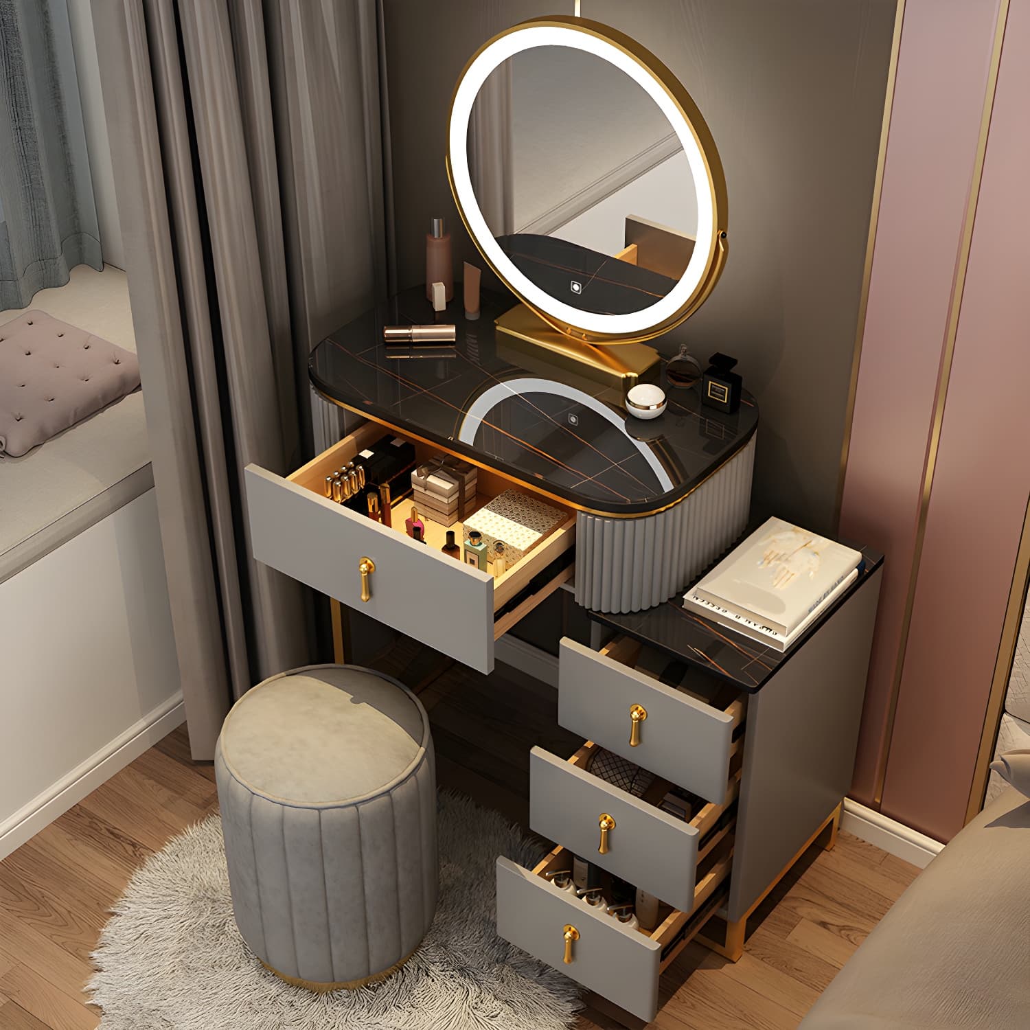 Lighted Mirror Makeup Vanity Desk with 4 Drawers Glam Makeup Vanity Set thumbnail 7