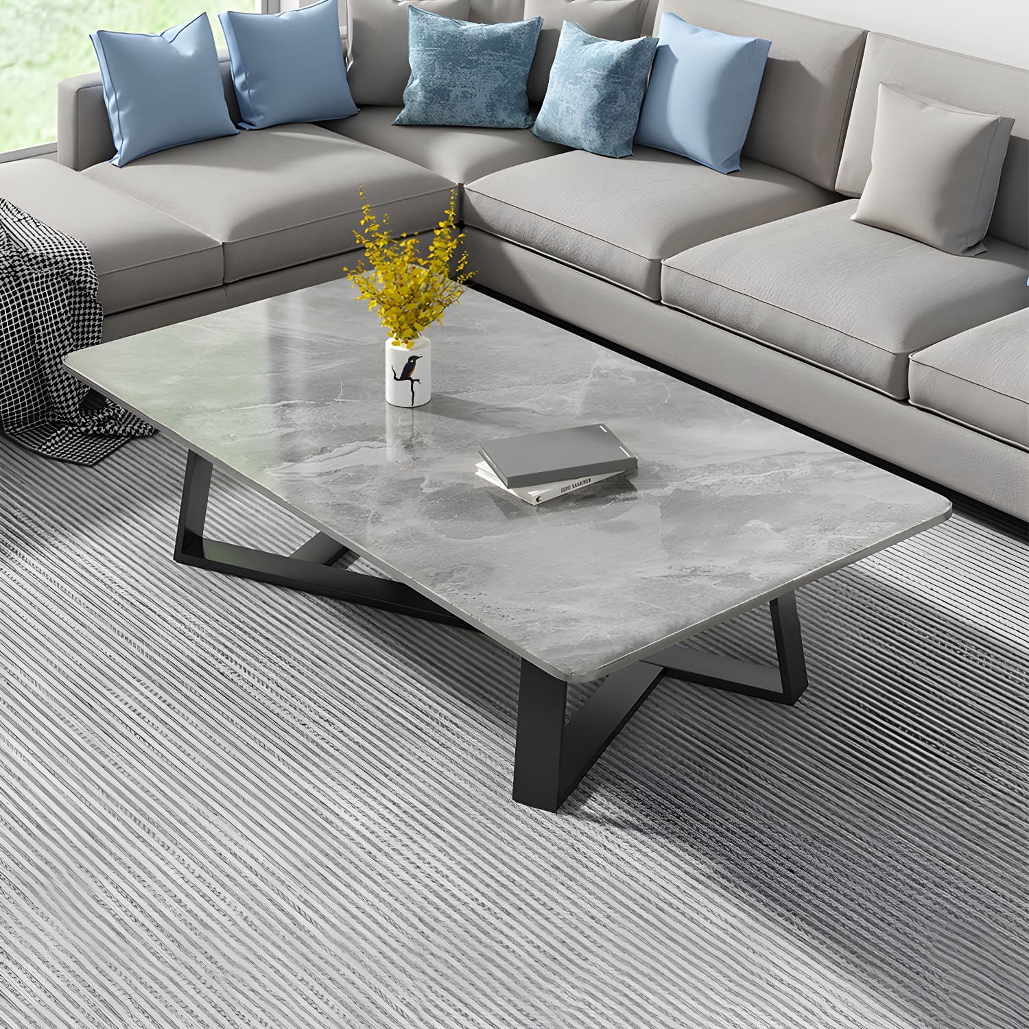 Stone and Metal Coffee Table Contemporary Coffee or End Table with Cross Legs thumbnail 3