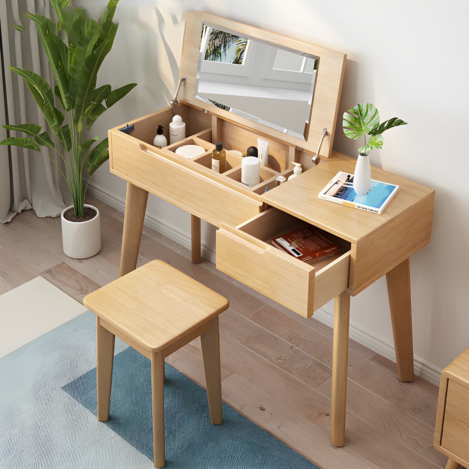 Solid Wood Vanity Dressing Table Scandinavian Flip-Top Vanity Desk thumbnail 4