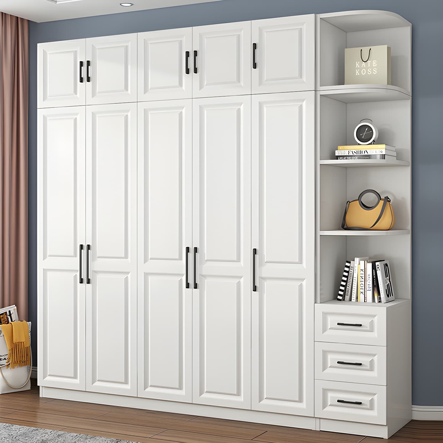 Modern White Wood Wardrobe Armoire with Shelves & Clothing Rod - Spacious and Stylish thumbnail 12